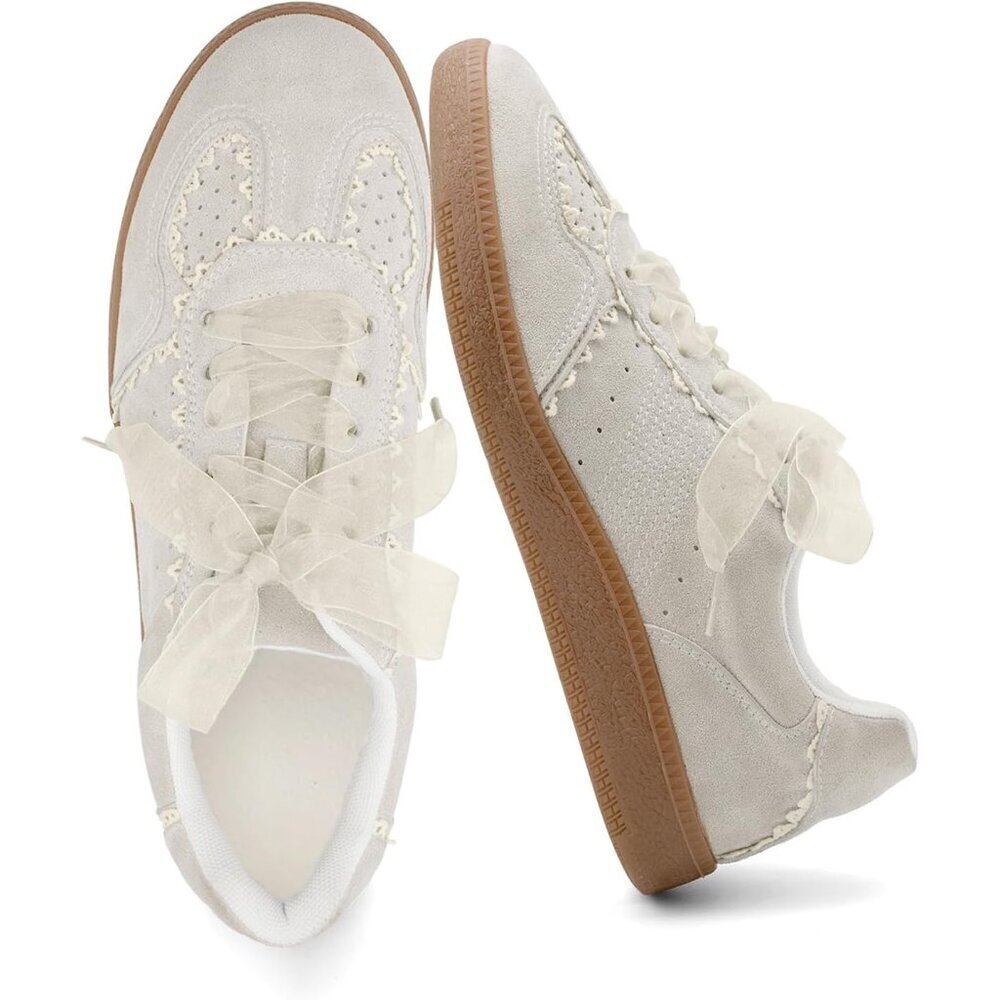 Women's Casual Crochet Lace Ribbon Ballet Trendy Cute Spring Tan Sneakers Shoes